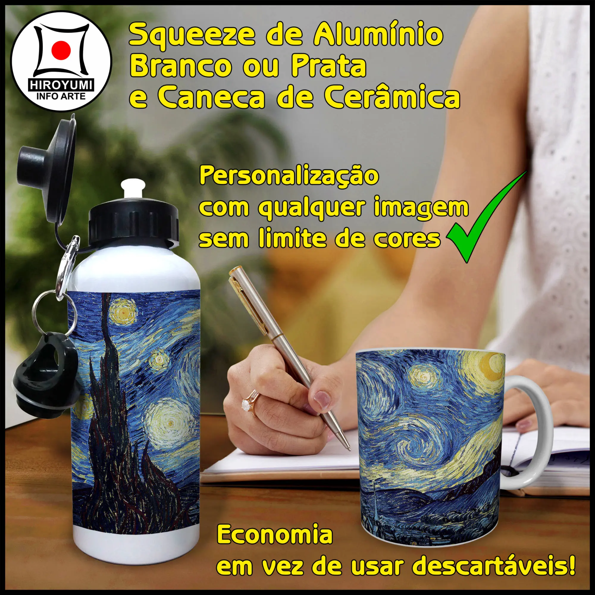 Squeeze de Alumínio Branco ou Prata e Caneca de Cerâmica