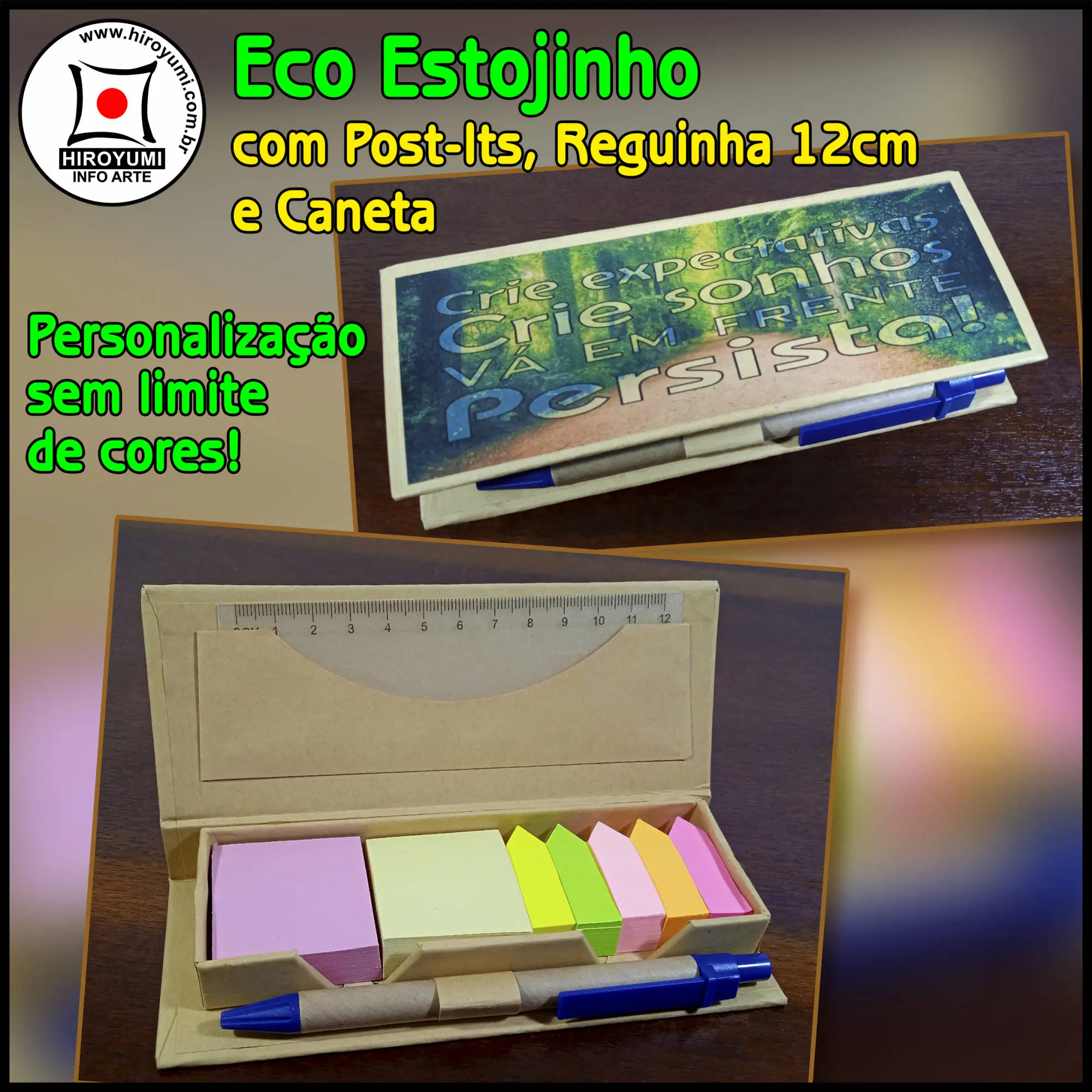 Eco Estojinho Post-it, Caneta e Reguinha 12cm