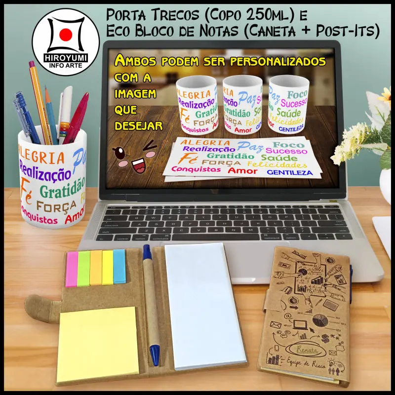 Porta Trecos (Copo 250ml) e Eco Bloco de Notas (Caneta e Post-its)