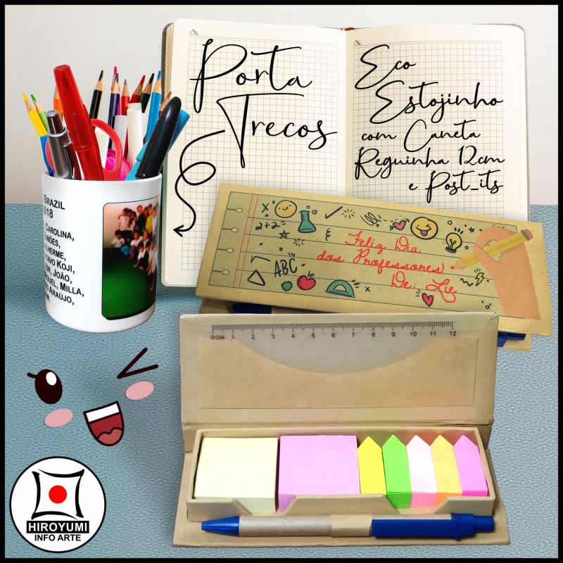 Porta Trecos (Copo 250ml) e Eco Estojinho (Caneta, Reguinha 12cm e Post-its)